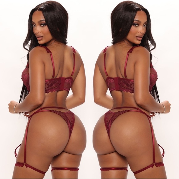FASHION NOVA ✦ 3‑Piece Intimates Set ✦ Wine Red Lace Bustier Top Thong Garter NW - Picture 4 of 9